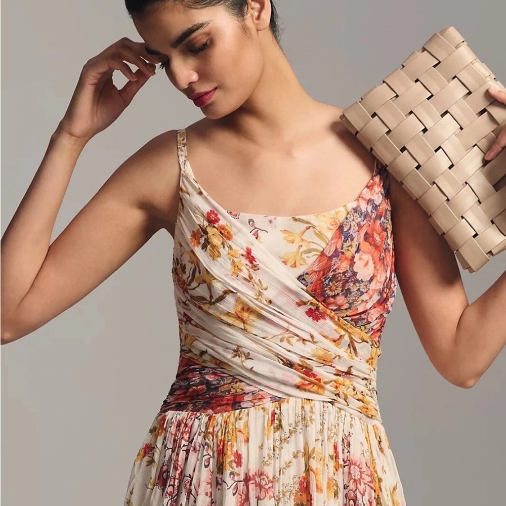 Anthropologie Ruched Cross Front Square-Neck Floral Midi Dress - Picture 3 of 12